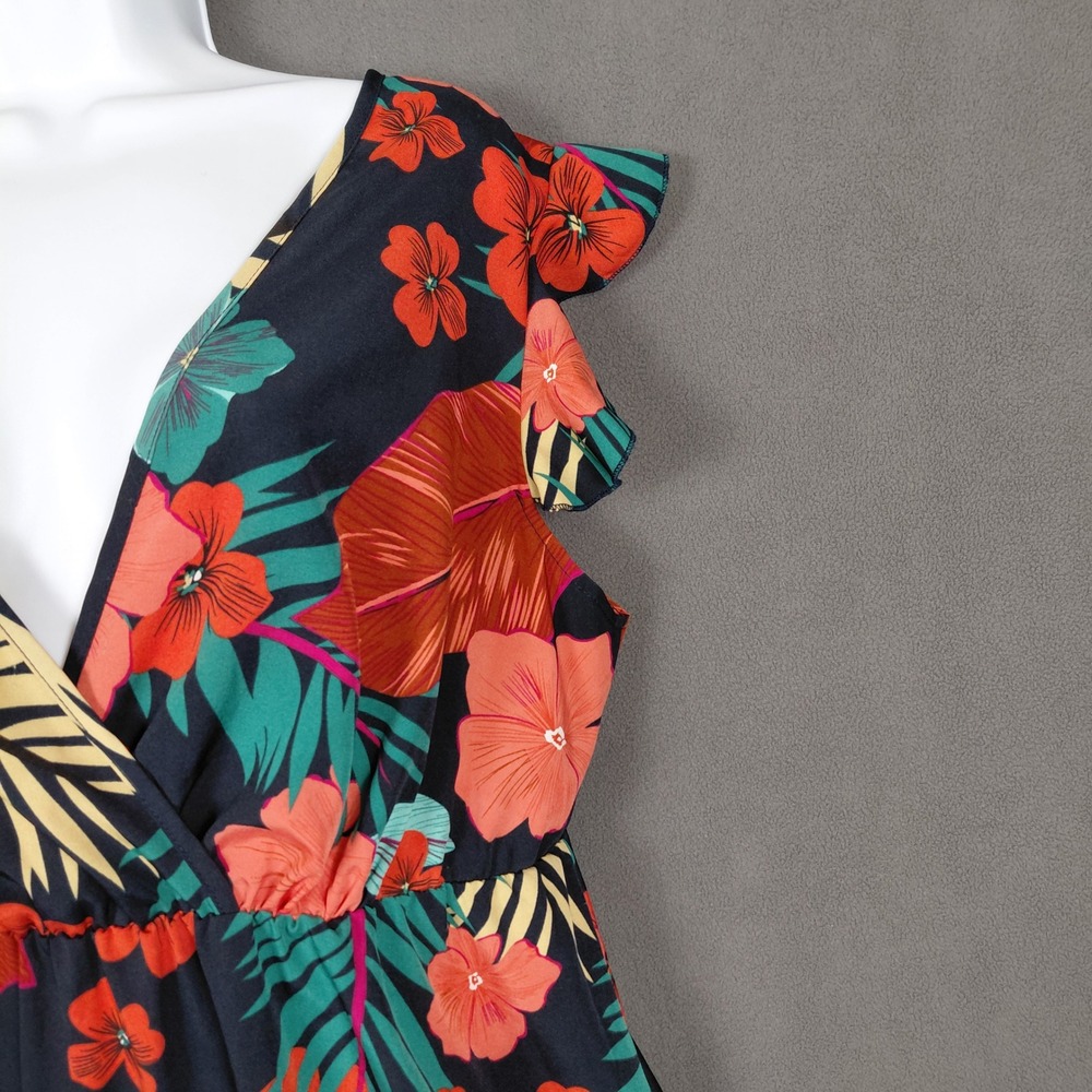 Tropical Floral V-Neck Ruffle Mini Dress Flutter Sleeve Tie Back High Waist ?Lg? - Picture 3 of 14